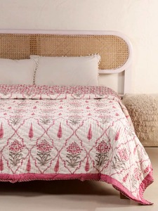 Bohemian Printed <b>Quilt</b> Pink Floral Pattern Hand Stitched Cotton All Season <b>Bedding</b> Set - Product Image 2