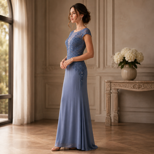 Elegant Dusty Blue Embroidered Evening Gown for Women Scoop Neck Cap Sleeve Formal Maxi Dress Party Wedding Guest Prom Dress - Product Image 2