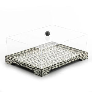 Soporte para tartas de nácar de primera calidad para compra al por mayor, bandeja rectangular con incrustaciones de concha y tapa transparente, ideal para exhibición en panaderías. - Product Image 1