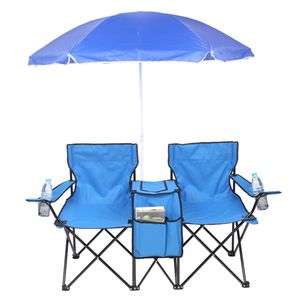 Portable Outdoor Blue 2-Seater Folding Chair with Removable Sun Umbrella - Product Image 3