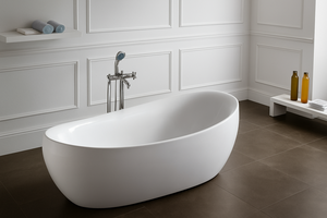 อ่างอาบน้ำอะคริลิคสีขาวทรงกระบอกแบบตั้งพื้นสำหรับผู้ใหญ่ ดีไซน์ทันสมัย พร้อมขอบกระโปรงเต็มตัว ฟังก์ชั่นแช่น้ำในตัว ระบบระบายน้ำ เหมาะสำหรับโรงแรม ใช้ได้ทั้งภายในและภายนอกอาคาร - Product Image 2