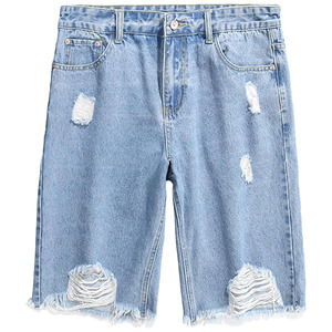 Hip Hop Baggy Fit Short Length Denim Shorts Men Straight Leg Washed Solid Casual 100% Cotton Eco-Friendly Breathable - Product Image 3