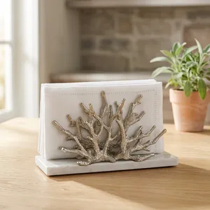 Servilletero Moderno de Metal Makers Mark Silver Coral Branch con Base de Mármol Blanco, Paquete Multipieza, Decoración para Mesa de Comedor, Pascua - Product Image 2