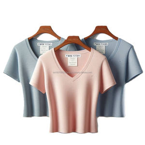 Cómodas camisetas de algodón para mujer, colores sólidos personalizados, estampado de logotipo, tejido suave, informal, manga corta, cuello en V, venta al por mayor - Product Image 2