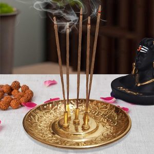 Porte-encens en laiton pour Pooja, support pour bâtonnets d'encens avec récupérateur de cendres, rond décoratif doré de 4 pouces, base en bois pour la décoration intérieure - Product Image 2