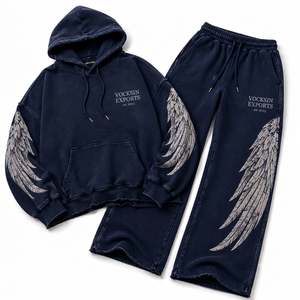 Conjunto Deportivo Vocksin para Mujer, Sudadera con Capucha Azul Marino con Diseño de Alas de Ángel, Corte Regular, 100% Algodón, Pantalones Anchos, Estilo Urbano Vintage - Product Image 4