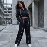 Ensemble de survêtement pour femmes, veste de survêtement noire courte et pantalon de jogging taille haute, 2 pièces, hiver, athlétique, écologique, réfléchissant