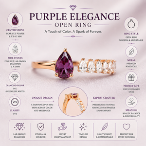 Bague en diamant blanc cultivé en laboratoire avec pierre précieuse violette |   Bague ouverte en or 10 carats |   Bijoux de luxe ajustables pour femmes, coupe poire, style statement | - Product Image 5