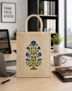 Sac fourre-tout en jute de qualité supérieure avec imprimé floral fait main, fermeture éclair, sac de courses écologique - Product Image 1