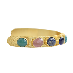 Gold Plated Geometric Cuff <b>Bracelet</b> with Natural Stone Inlay Bohemia Style Unisex Handmade Jewelry Gift Navrattan Bangle - Product Image 5