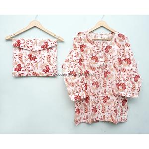 Indian Cotton Women's Floral Print <b>Pyjama</b> Set with Buttons closure <b>for</b> Beachwear And Loungewear Night Suit round Neck PJ Set - Product Image 2