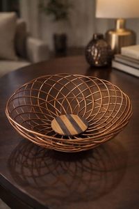 Geometric Wire Fruit Bowl with Wooden Base Copper Finish Modern Decorative Metal <b>Basket</b> Premium Table Centerpiece for Kitchen - Product Image 3