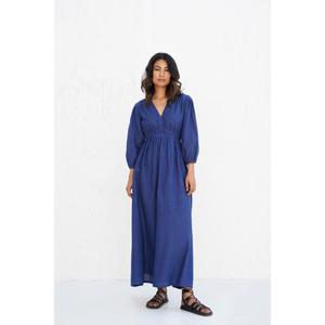 Vestido Maxi Azul Premium, Corte en A, Cuello en V, Manga Corta, 100% Algodón Natural, Ecológico, Transpirable, Estilo Veraniego para Mujer - Product Image 5