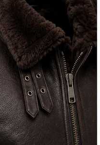 <b>Men's</b> <b>Brown</b> Genuine <b>Leather</b> Biker <b>Jacket</b> With Faux Fur Lining Stand Collar Zipper Closure - Product Image 5