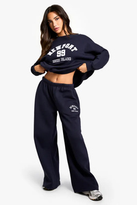 กางเกงจ็อกเกอร์ผ้าฝ้ายแท้ 100% สีกรมท่า ทรงขากว้าง ปักลาย สำหรับผู้หญิง เนื้อผ้าเทอร์รี่ฟลีซ นุ่มสบาย กางเกงวอร์มขายาวสำหรับผู้หญิง - Product Image 4