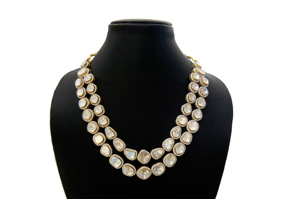 Collier et boucles d'oreilles sertis de diamants CVD cultivés en laboratoire Polki, double rangée, en or jaune 14 carats, certifiés, bijoux de luxe, cadeau de fiançailles - Product Image 2