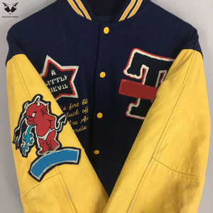 Vintage Navy Blue Varsity Jacket Men Letterman Jacket Yellow Wool Sleeves Embroidery Patch Slim Fit College High School Uniform - Product Image 4