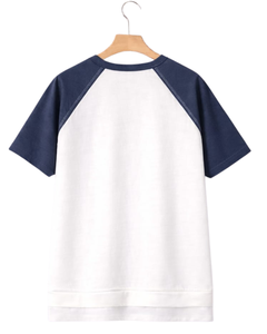 เสื้อยืดแขนสั้นผู้หญิงสีขาวกรมท่า แขนเสื้อแบบแร็กแลน ผ้าฝ้ายผสม แขนสั้น สวมใส่สบาย น้ำหนักเบา เหมาะสำหรับฤดูร้อน - Product Image 2