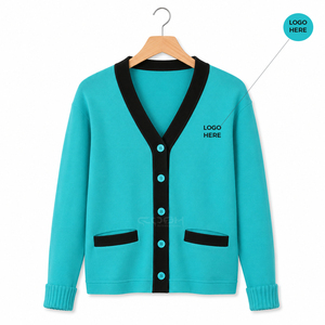 Cardigan en tricot turquoise Cosh International Sisterhood Sorority, col en V, manches longues, couleur unie, bordure contrastée, boutons sur le devant - Product Image 1