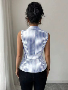Women's Casual Business Style <b>Top</b> with V-neck Neckline Cinched Waist Spring Formal Woven Shirt Button Decoration Short Length - Product Image 2