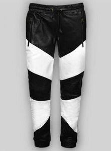 <b>Men's</b> Black White leather Spliced <b>Drawstring</b> Waist Sweatpants Casual Autumn Wear Breathable Knitted Joggers - Product Image 4