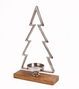 Modern Minimalist Silver Metal Christmas <b>Tree</b> Candle Holder With Mango Wood Base Handcrafted Festive <b>Tabletop</b> Centerpiece - Product Image 3