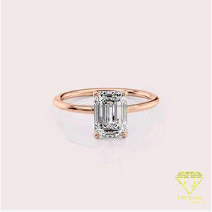 Bague de fiançailles en moissanite taille émeraude en or jaune, solitaire classique, bague de promesse et de mariage - Product Image 4