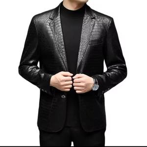 <b>Men's</b> Black PU Leather Motorcycle <b>Jacket</b> Stand Collar Single Button Embossed Pattern Slim Fit <b>Smart</b> Casual Winter Waterproof - Product Image 1