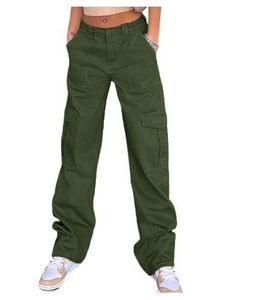 Pantalon cargo taille haute pour femmes grandes tailles, couleur unie, coupe ample, longueur intégrale, 100% coton, style décontracté, vêtements d'automne - Product Image 1