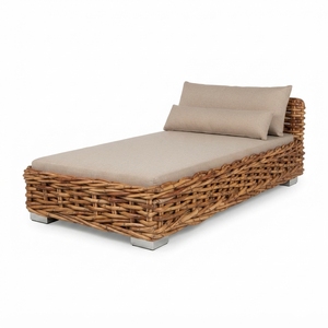 Chaise longue de jardin en rotin avec structure en bois d'acajou, tissage en rotin et tissu Daphnie, lit de soleil pour piscine, design artistique - Product Image 1