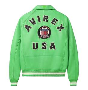 Avirex <b>Men's</b> Green Varsity Style <b>Jacket</b> Embroidered Patch Front Zipper Casual Style Regular Fit Turn-down Collar - Product Image 2
