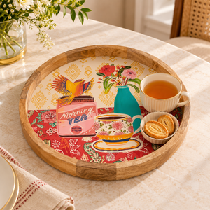 Round Wood Enamel Serving <b>Tray</b> Decorative Illustrated BaseModern Dining Coffee Table Home <b>Decor</b> | Versatile Display Serving <b>Tray</b> - Product Image 2