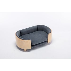 Cama elevada para perros de tamaño mediano, estilo escandinavo, patas de madera maciza, respaldo de madera curvada, cojín de terciopelo gris oscuro, sofá para mascotas - Product Image 4