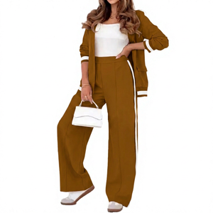Ensemble de survêtement vert olive pour femme, manches trois quarts, coupe ample, couleur unie, style décontracté avec bordure blanche, style manteau d'automne - Product Image 3