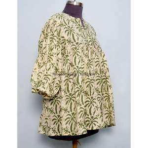 Haut maxi en coton imprimé à la main pour femmes, confortable, respirant, écologique, aux designs élégants, style bohème, motifs floraux japonais pour filles - Product Image 4