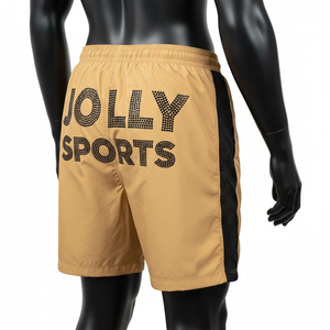 Pantalones Cortos Deportivos Ligeros de Poliéster para Hombre, Color Beige y Negro, Paneles de Malla en Contraste, Logotipo con Transferencia Térmica - Product Image 5