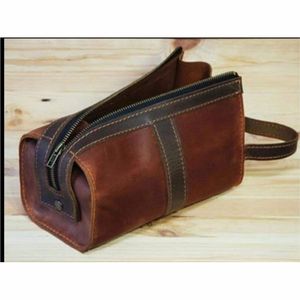Pochette en cuir véritable faite à la main, sac à main rétro de grande capacité, sac à cosmétiques de luxe en cuir de vache avec fermeture éclair pour hommes et femmes - Product Image 2