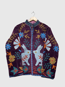 Chaqueta de Terciopelo Bordada con Cuello Mandarín, Manga Larga, Talla Grande, para Mujer, con Patrón Floral y Bordado a Mano, para Otoño - Product Image 1