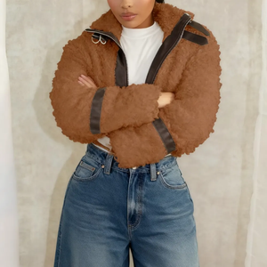 Veste décontractée d'hiver pour femme avec col rabattu, patchwork en velours et logo, design respirant - Product Image 4