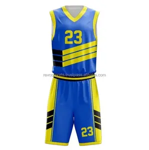 100% पॉलिएस्टर सबलिमिटेड बास्केटबॉल वर्दी नए डिजाइन बास्केटबॉल खेल वर्दी ब्लैक बास्केट बॉल जर्सी के साथ नीला पीला पीला पीला