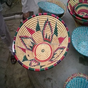 Panier rond tissé à la main avec motif géométrique orange et vert, décoration bohème pour la maison, décoration murale pour le salon, bol décoratif - Product Image 5