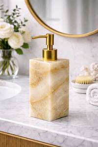 ขวดสบู่หินออนิกซ์สีขาวหรูหราพร้อมหัวปั๊มสีทองสำหรับวางบนเคาน์เตอร์ห้องน้ำ - Product Image 2