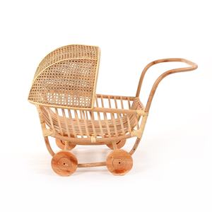 Traditional Handwoven Natural Rattan Toy Vintage Wicker Doll Stroller Wooden Wheels Toddler Walker Play Item - Product Image 2
