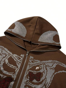 Sudadera con capucha para hombre de algodón polar marrón con cremallera completa, pedrería, estilo urbano, logotipo personalizado, estilo vintage, con cremallera completa, EE. UU. - Product Image 4