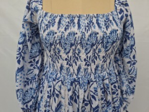 Vestido Midi Azul Gótico Vintage con Encaje y Estampado Floral, 100% Algodón, Mangas Abullonadas, Sin Cuello, Fruncido, Corte en A, Casual, Verano, Diario, Oficina - Product Image 1