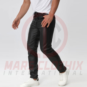 Pantalon de jogging en cuir léger pour homme, coupe ajustée droite, design personnalisé, fermeture boutonnée sur le devant, couleur unie - Product Image 5