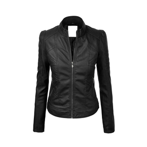 Blouson en cuir PU pour homme, style motard, col montant, fermeture éclair, coupe ajustée, pour l'automne, manches classiques, couleur unie - Product Image 1