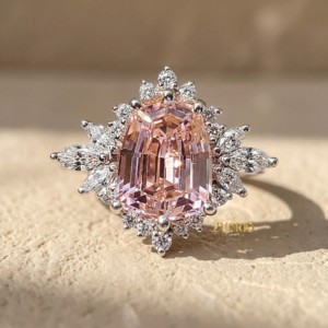 18K Gold Shield Cut Pink Lab Grown Diamond Halo <b>Ring</b> Floral Cluster Nature Inspired Bridal Wedding <b>Ring</b> Women <b>Custom</b> <b>Ring</b> - Product Image 4