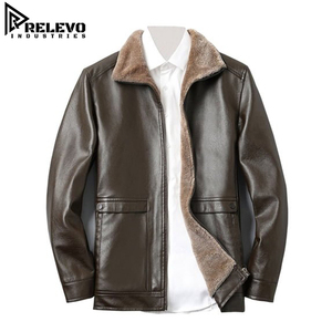 Manteau en similicuir marron foncé pour homme, veste d'hiver décontractée et chaude avec fermeture éclair sur le devant, col en fourrure douce et deux poches avant - Product Image 1
