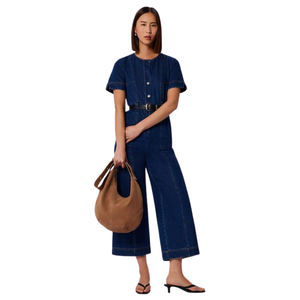 Mono de mezclilla de algodón para mujer, corte holgado, pierna ancha, estilo casual, venta al por mayor de fábrica - Product Image 1